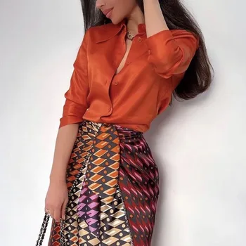 2022 Jeseni Saten ženska Majica Oranžna Zavoj navzdol Ovratnik, Dolgi Rokavi Elegantne Srajce Ženski Pomlad Moda Urad Ženske Oblačila