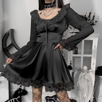 2022 Nove Modne Ženske Goth Dresss Dolg Rokav Saint Barva Puloverju Kvadratnih Ovratnik Slim Gotski Slog, Dame Oblačenja Jeseni