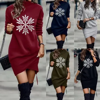 2022 Pade Nova Ulica Moda Priložnostne Božič Snežinka Tiskanja Dolgo sleeved Visokim ovratnikom Slim Obleko