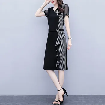  5xl Nove Poletne Ženske obleke Moda Proti-vrat Chic Elegantno Obleke Ženska Sredi dolžine Ruffle Prugasta Črno Obleko Vestidos