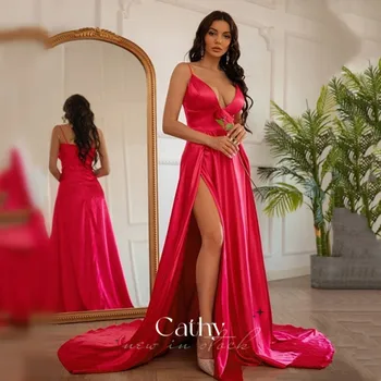 Cathy Seksi Proti-vrat Saten Stranke Obleke Napredno Rose Pink Zamah Večerne Obleke Špagete Trakovi Vestidos De Fiesta