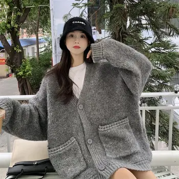 Jeseni in pozimi 2022 novo zgosti ohlapen pulover jopico plašč žensk leni veter mehko srednje dolžine pleteni ženski top