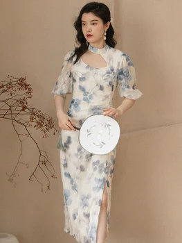 Kitajski Slog Oljna Slika Retro Tiskanja Cheongsam Obleko Poletje Povodcem Votlih Seksi, Elegantna Cvetlični Midi Obleka Ženske