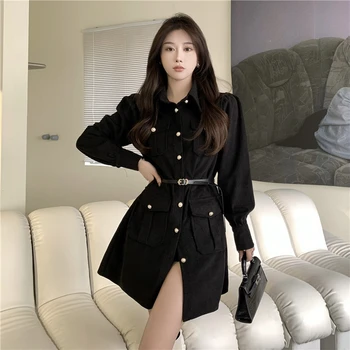 Korejski Moda Pomlad Temperament Design Jakne s Pasom Ženske Žep Trdna Marelice Coats Urad Slog Črna Lady Outwear Lepo
