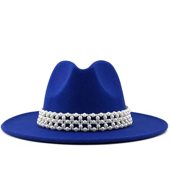 Luksuzni ravne-edge pearl volnene klobuk žensk klasičnih fedora klobuk jeseni in pozimi ravno roba velikega roba pokrivalo vse-tekmo jazz klobuk