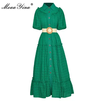 MoaaYina Modni Oblikovalec obleko Poletje Ženske obleke Puff rokav Enotni-zapenjanje Votlih iz Sashes Stranka zeleni Elegantne Obleke