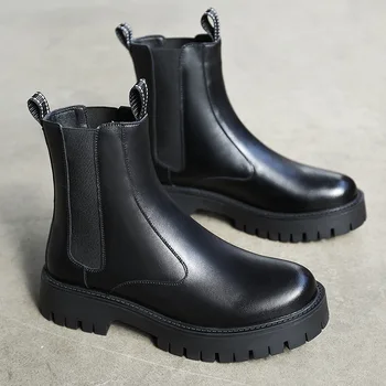 moški, prosti čas, party banket obleko platforma čevlji črni trend originalne usnjene čevlje jesen zima chelsea boot visok dimnik botas