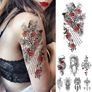 Nepremočljiva Začasni Tattoo Nalepke Rdeče Rose Ptica Pesem Flash Tetovaže Zmaj Kača Meč Body Art Roko Ponaredek Tattoo Ženske Moški