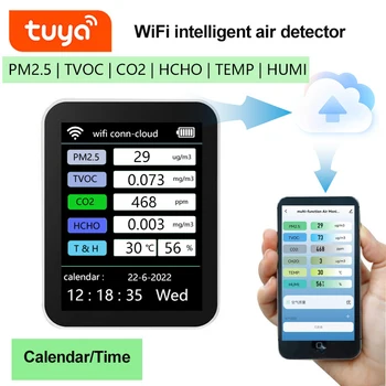 Novo Tuya WiFi 6 V 1 Večnamensko Prenosni Detektor Kakovosti Zraka Detektor TVOC CO2 Plini CH2O Temperatura Vlažnost Odkrivanje