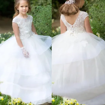 Otroci Beli Poročni Cvet Dekle Obleko Za Prvo Obhajilo, Krst Princesa Posebne Priložnosti Ruffle Rojstni Cvet Dekleta Obleke