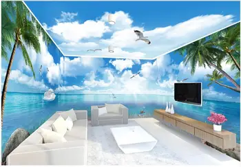 Po meri photo 3d ozadje Modro nebo in beli oblak plaži kokosovo drevo pokrajina polna hiša ozadje soba ozadje za steno 3 d