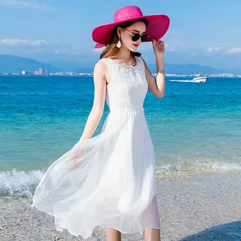 Poletje Nov Modni Svileno Obleko Žensk Mulberry Svile Srednje Dolg Plaža Krilo Obmorskem Letovišču Lady