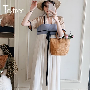 Trytree 2020 Poletje Ženska Priložnostne Obleko Proti-vrat Mozaik A-linija 2, Barva Visoko Pasu Zadrgo, Modne Elegantno Kitajski stil Oblačenja
