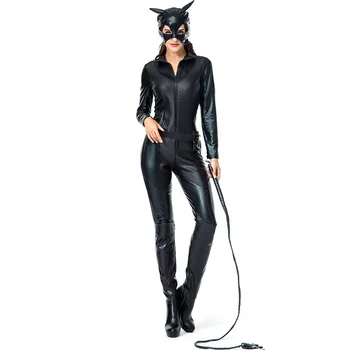 Umetno Usnje Tesen Jumpsuits Ženske Black Cat Cosplay Ženski Halloween Živalske Kostume, Purim Nočni Klub Bar Vlogo Igrajo Stranka Obleko