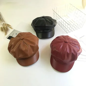 usnje Vintage Moda Berets Slikar klobuk Jesensko Zimske Kape s ščitnikom Moški Ženski Priložnostne Barva PU Usnje Octagonal Skp
