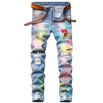 Visoka Kakovost Odsek Moške Jeans Raztrgala Luknjo Traper Obliž Design Grafiti Slikarstvo Ulične Mode Hip Hop Skinny Hlače