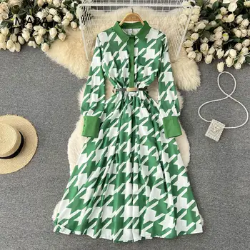Ženske Print Majica Obleko 2022 Pomlad Polo Ovratnik, Dolgi Rokavi Visoko Pasu Zelena Midi Obleke Korejski Priložnostne Obleko Maxi Plus Velikost